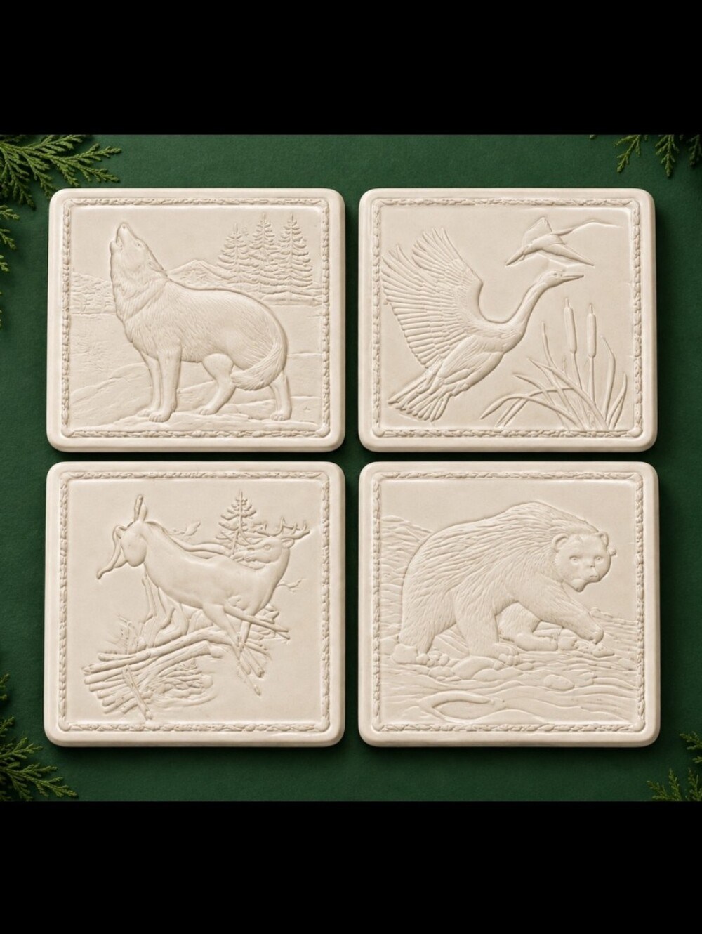 Lenox Great Outdoors Wildlife Embossed Ceramic Coaster Set Cabin Lodge Rustic